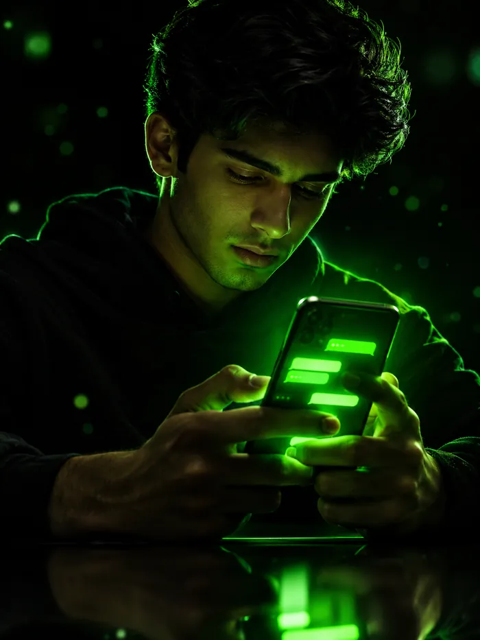 Man typing on a phone glowing green